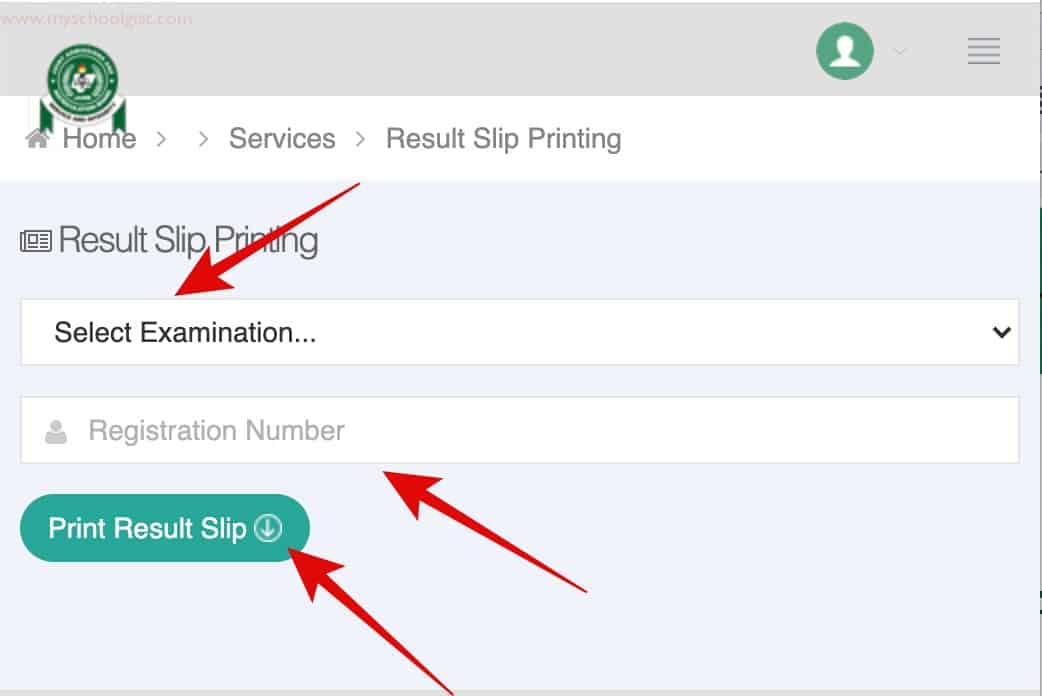 Select Exam Year and Supply registration number to print JAMB result