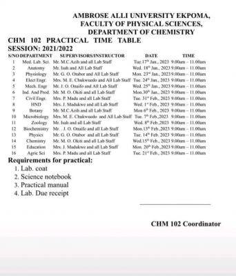 AAU Chemistry 101 practical timetable, 2021/2022