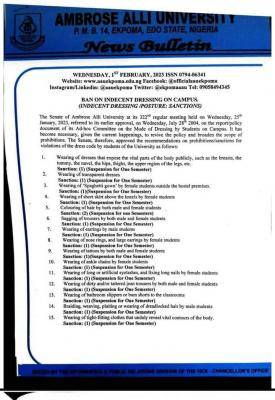 AAU, Ekpoma releases list of prohibited dresses