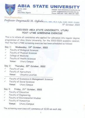 ABSU Post-UTME screening schedule, 2022/2023 session