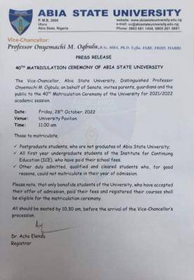 ABSU announces matriculation ceremony, 2021/2022