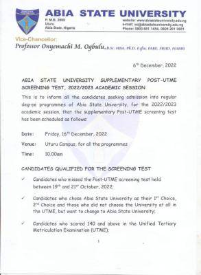 ABSU supplementary Post-UTME screening exercise, 2022/2023