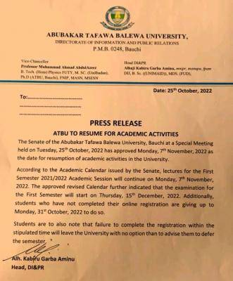 ABTU announces resumption of academic activities, 2021/2022