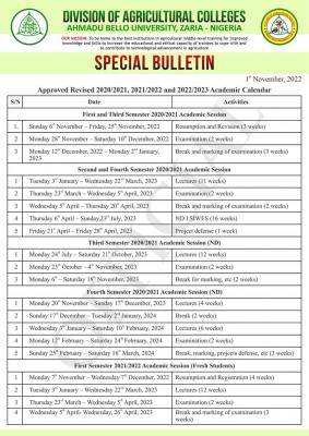 ABU Division of Agricultural Sciences approved academic calendar, 2020/2021 & 2021/2022