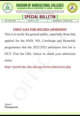 ABU Division of agricultural colleges 1st admission list, 2022/2023