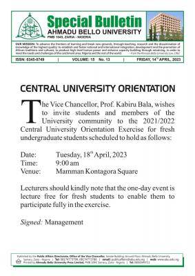 ABU Zaria Central University Orientation, 2021/2022