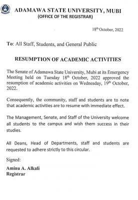 ADSU announces resumption of academic activities