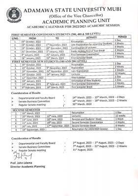 ADSU approved academic calendar for 2022/2023 session