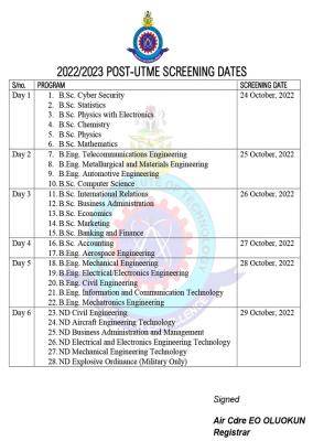 AFIT Post-UTME screening schedule, 2022/2023