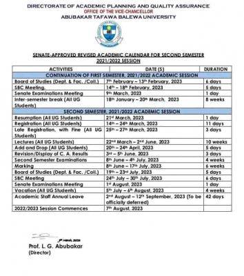 ATBU Senate approved revised Academic Calendar for 2nd Semester, 2021/2022