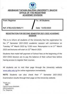 ATBU notice on registration for second semester, 2021/2022