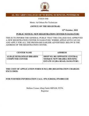 Al Ma'arif College of Nursing Science notice on new registration centre