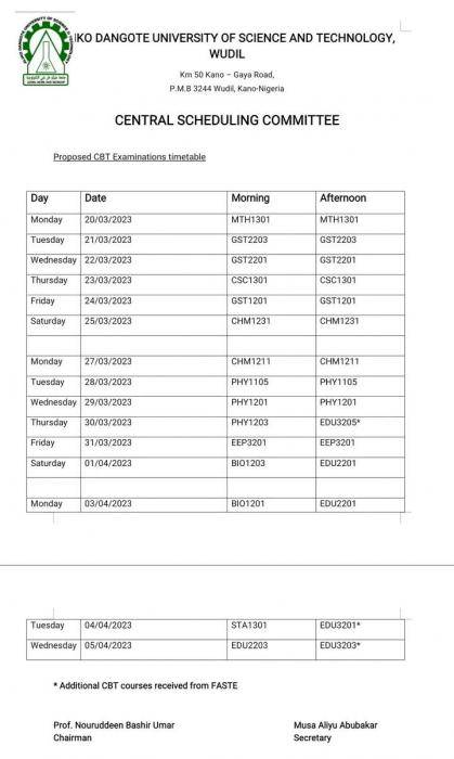 Aliko Dangote University of Science & Tech proposed CBT examination timetable