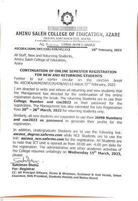 Aminu Saleh COE notice on continuation of online semester registration for all students