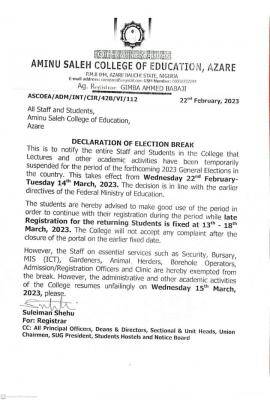 Aminu Saleh COE notice on election break