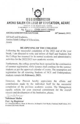 Aminu Saleh COE notice on re-opening of the college