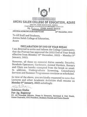 Aminu Saleh COE notice to staff and students on end of the year break