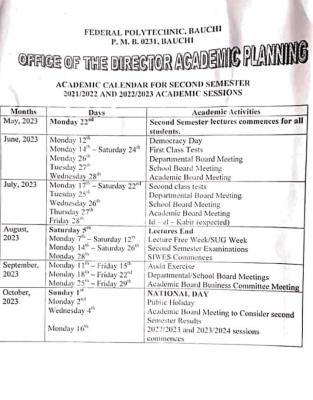 BAUCHIPOLY 2nd semester academic calendar, 2021/2022 & 2022/2023