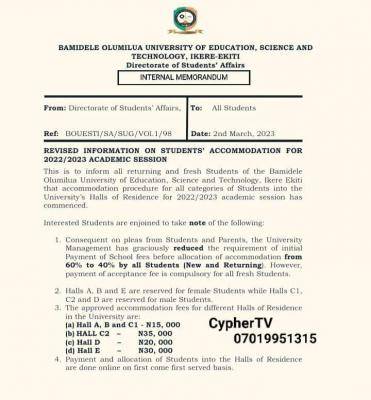 BOUESTI revised information on students' accommodation, 2022/2023 session