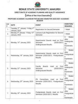 BSU reviewed academic calendar 2nd semester, 2020/2021