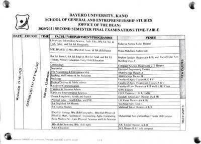 BUK GSP/EEP 2nd semester final exam timetable, 2020/2021