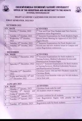 COOU approved academic Calendar, 2022/2023