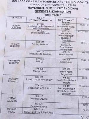 College of Health Science and Technology, Tsafe Semester examination timetable