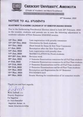 Crescent University notice on adjustment to 1st semester academic calendar, 2022/2023