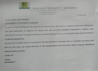 Crescent University notice on payment of outstanding fees