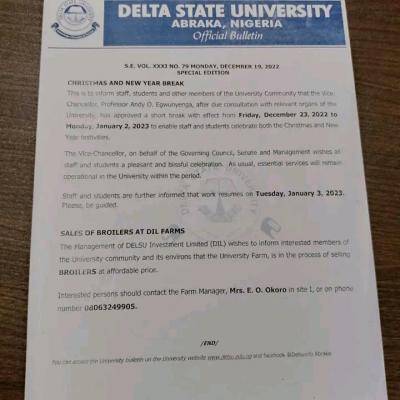 DELSU announces Christmas/New Year break