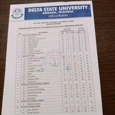 DELSU departmental cut-off marks for all courses, 2022/2023