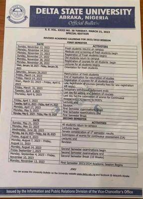 DELSU revised academic calendar, 2022/2023