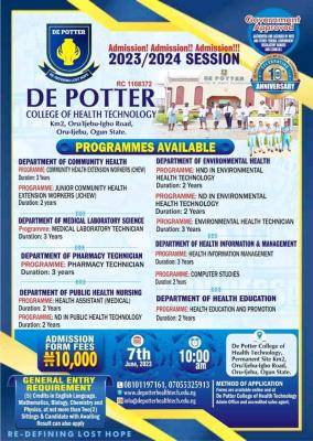 De Potter College of Health Technology admission form, 2023/2024