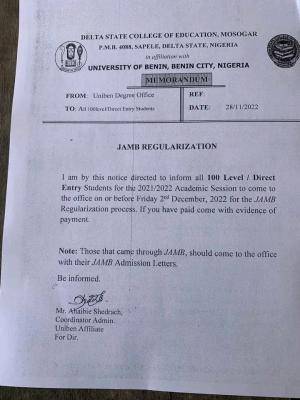 Delta State College of Education affiliated to UNIBEN notice on JAMB regularization