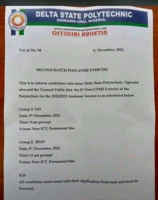 Delta State Polytechnic Ogwashi-uku 2nd batch Post-UTME/HND screening exercise, 2022/2023