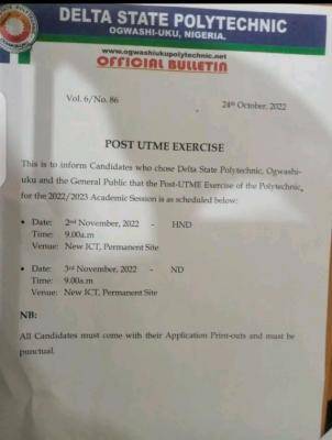 Delta State Polytechnic Ogwashi-uku Post-UTME/HND screening exercise, 2022/2023