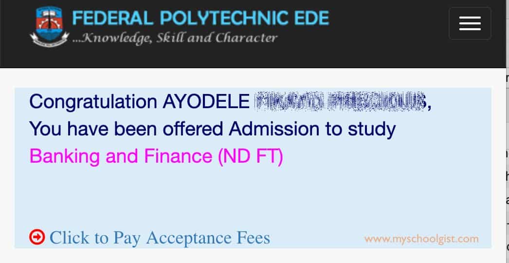 Federal Polytechnic Ede ND Full-Time Admission List