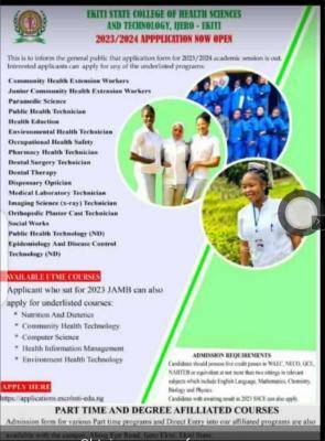 Ekiti State College of Health Sciences and Technology admission, 2023/2024