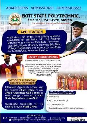 Ekiti State Polytechnic Isan Ekiti ND admission, 2022/2023