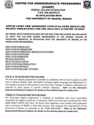 FCE Osiele (UI affiliated) degree admission, 2022/2023