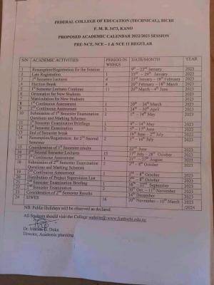 FCE (Technical) Bichi proposed academic calendar, 2022/2023