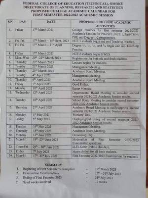 FCE Technical, Omoku First semester Academic Calendar, 2022/2023