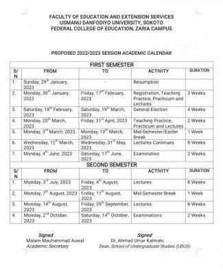 FCE Zaria-UDUSOK proposed academic calendar, 2022/2023