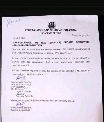 FCE Zaria notice on commencement of NCE (Regular) 2nd semester examination, 2021/2022