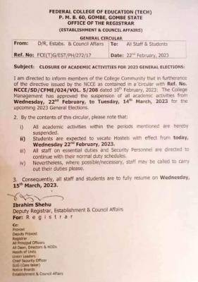 FCET Gombe announces closure of academic activities for election