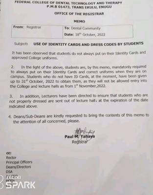 FEDCODTTEN notice to students on the use of ID cards