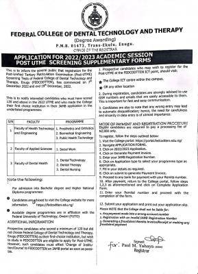 FEDCOTTEN Post-UTME supplementary form, 2022/2023