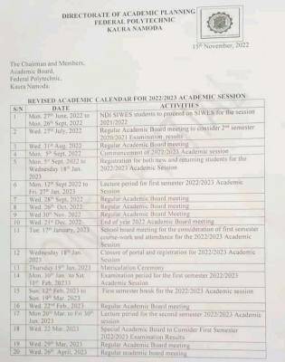 FEDPONAM revised academic calendar, 2022/2023