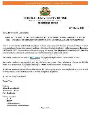 FUDutse releases first batch admission list, 2021/2022 & 2022/2023