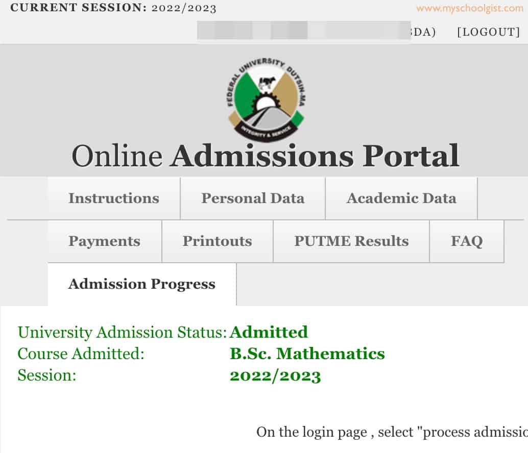 FUDutsin-Ma Admission Status on School Portal